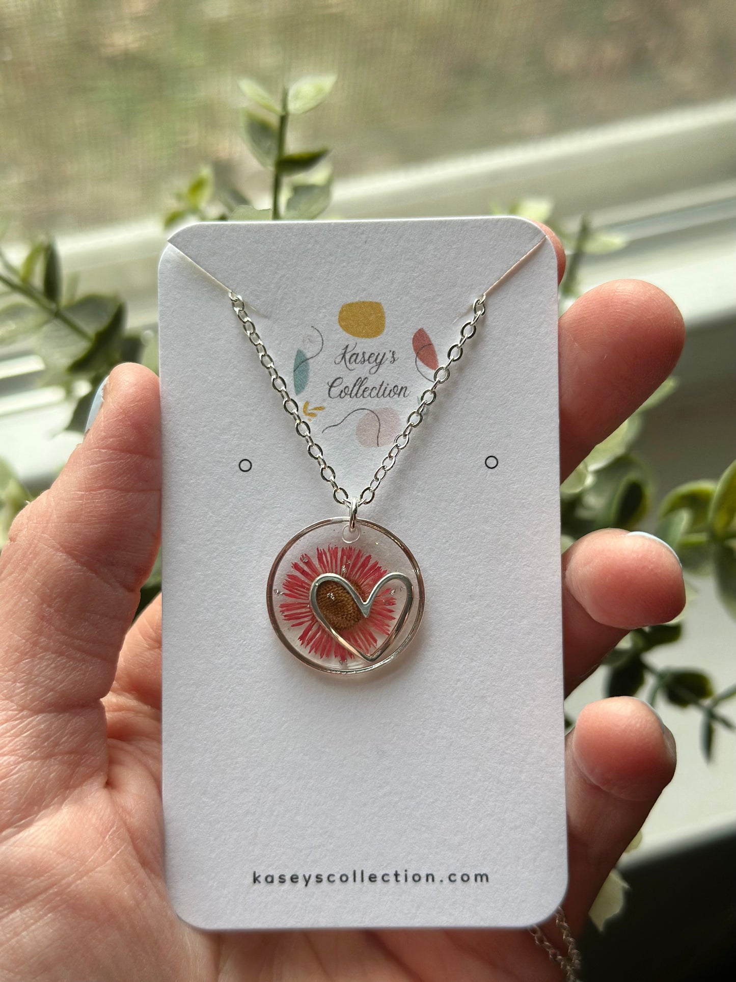 Fleabane Pink Silver Heart Necklace